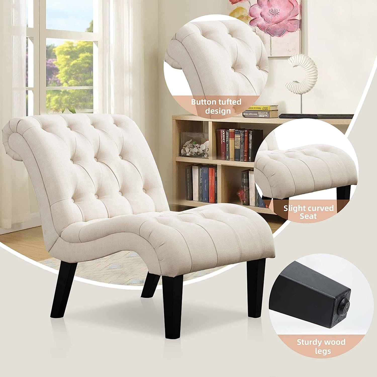 Upholstered Accent Chair for Bedroom Living Room Chairs Lounge Chair with Wood Legs Cream Fabric - Ouch Cart 