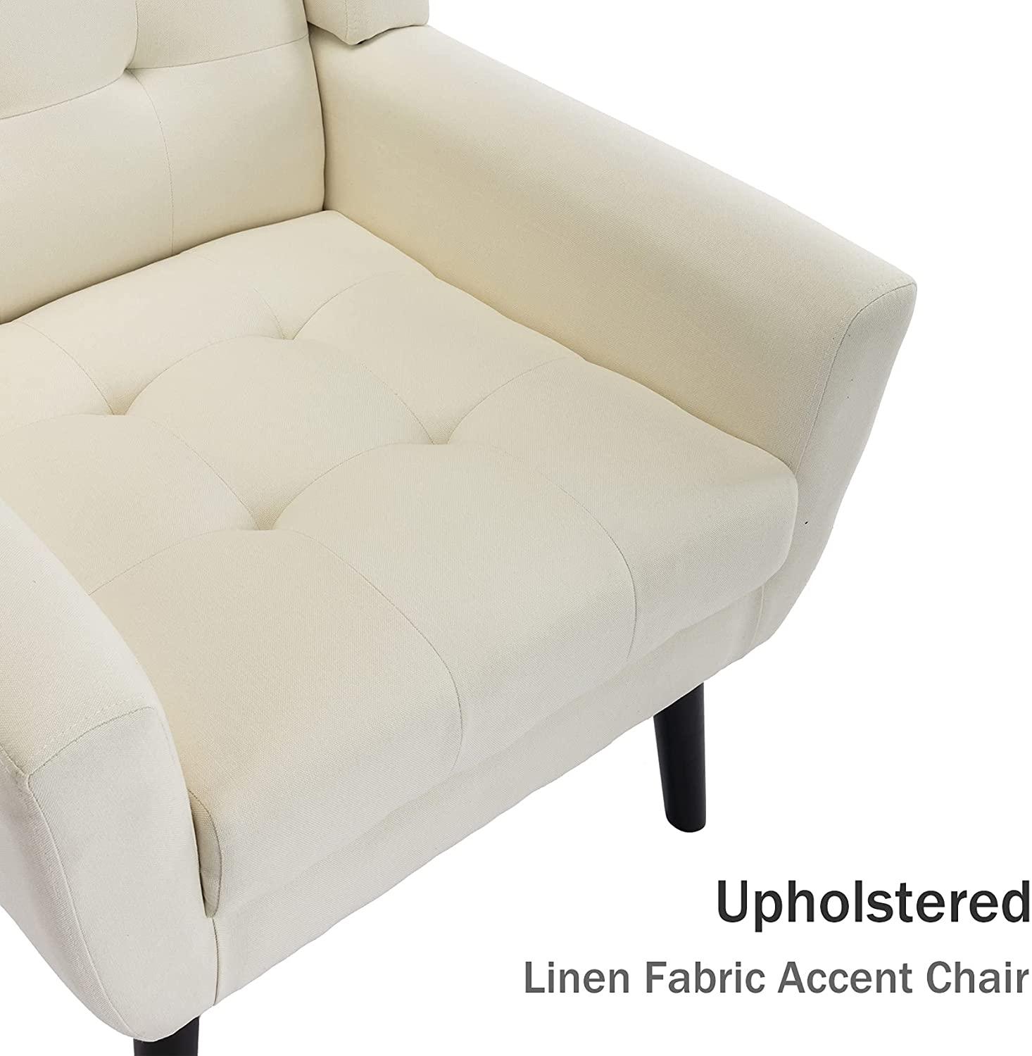 Modern Accent Chair with Arms, Upholstered Linen Fabric Reading Side Chair Tufted Back Decorative Wingback Chair for Living Room Bedroom - Ouch Cart 