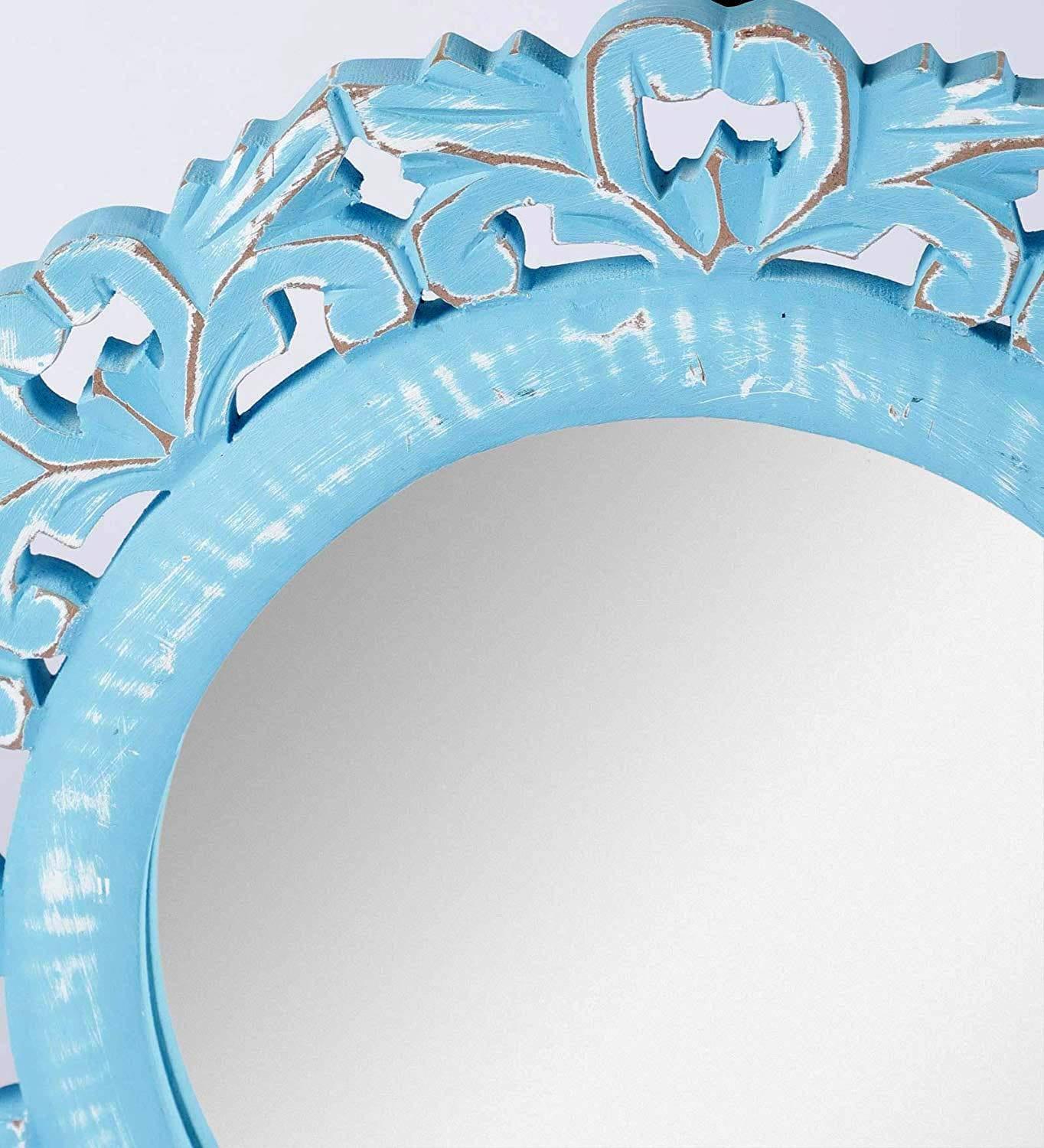 Wood Hand Crafted Round Shape Vanity Wall Mount Mirror Glass-Blue, 35X 35 X 1.5 cm, Framed - Ouch Cart 