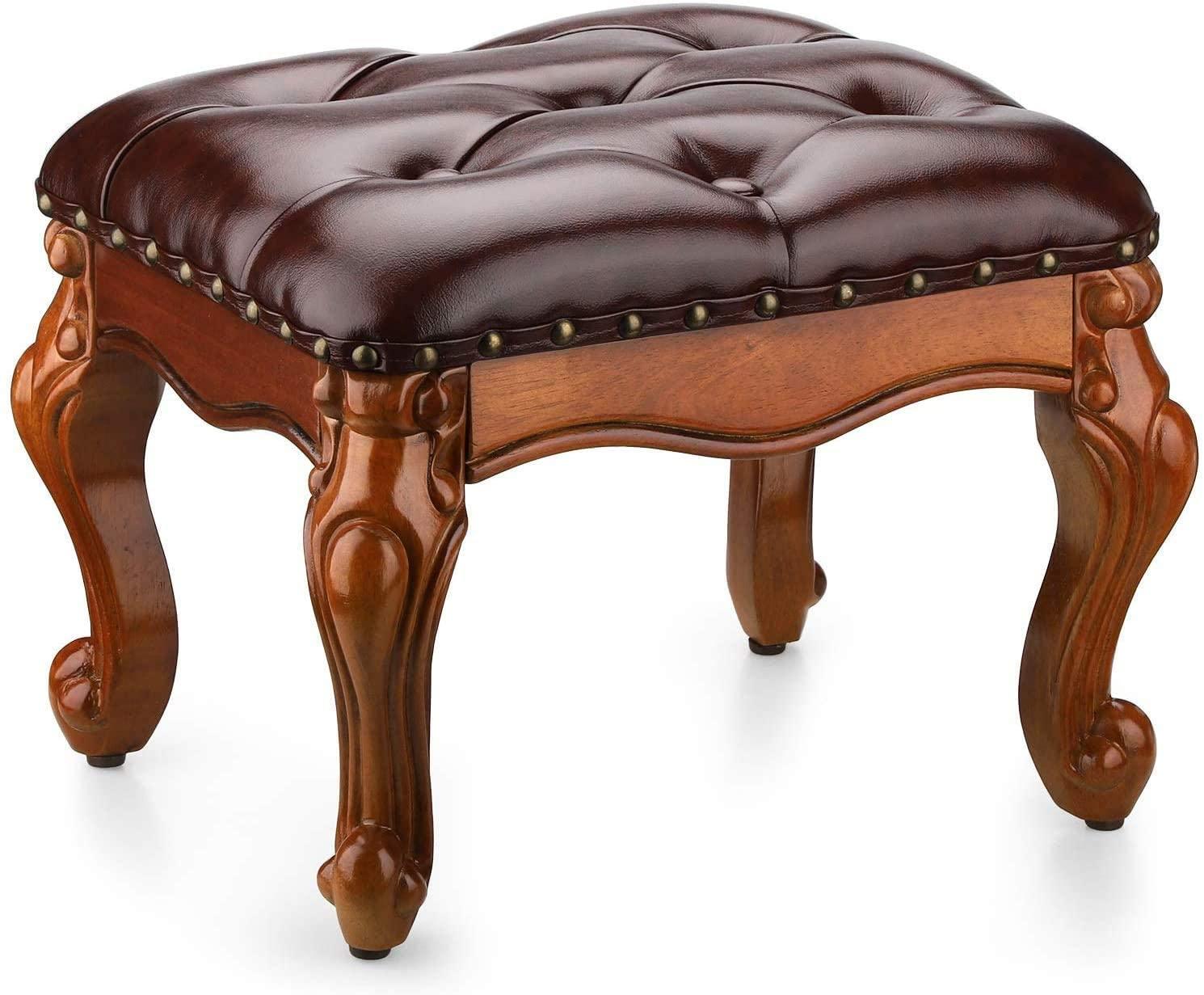 Small  Footstool Ottoman Upholstered Footstool, Solid Rubber Wood/Living Room Stool. (Brown)