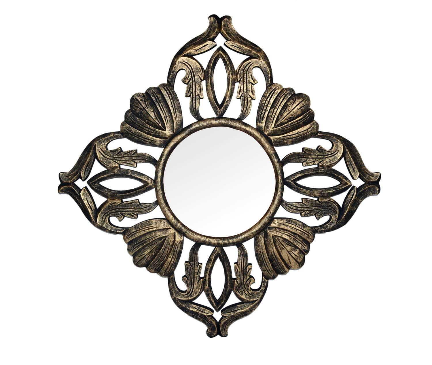 Wood Hand Crafted Square Antique Finished Vanity Wall Mirror for Living Room, 20X20 Inches (Gold) - Ouch Cart 