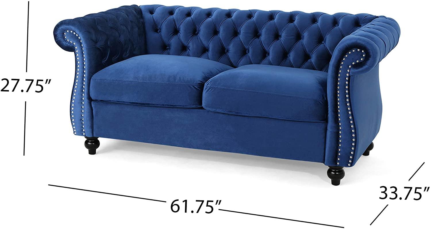 Karen Traditional Chesterfield Loveseat Sofa, Navy Blue and Dark Brown, 61.75 x 33.75 x 27.75 & Toddman High-Back Velvet Club Chair, Navy Blue