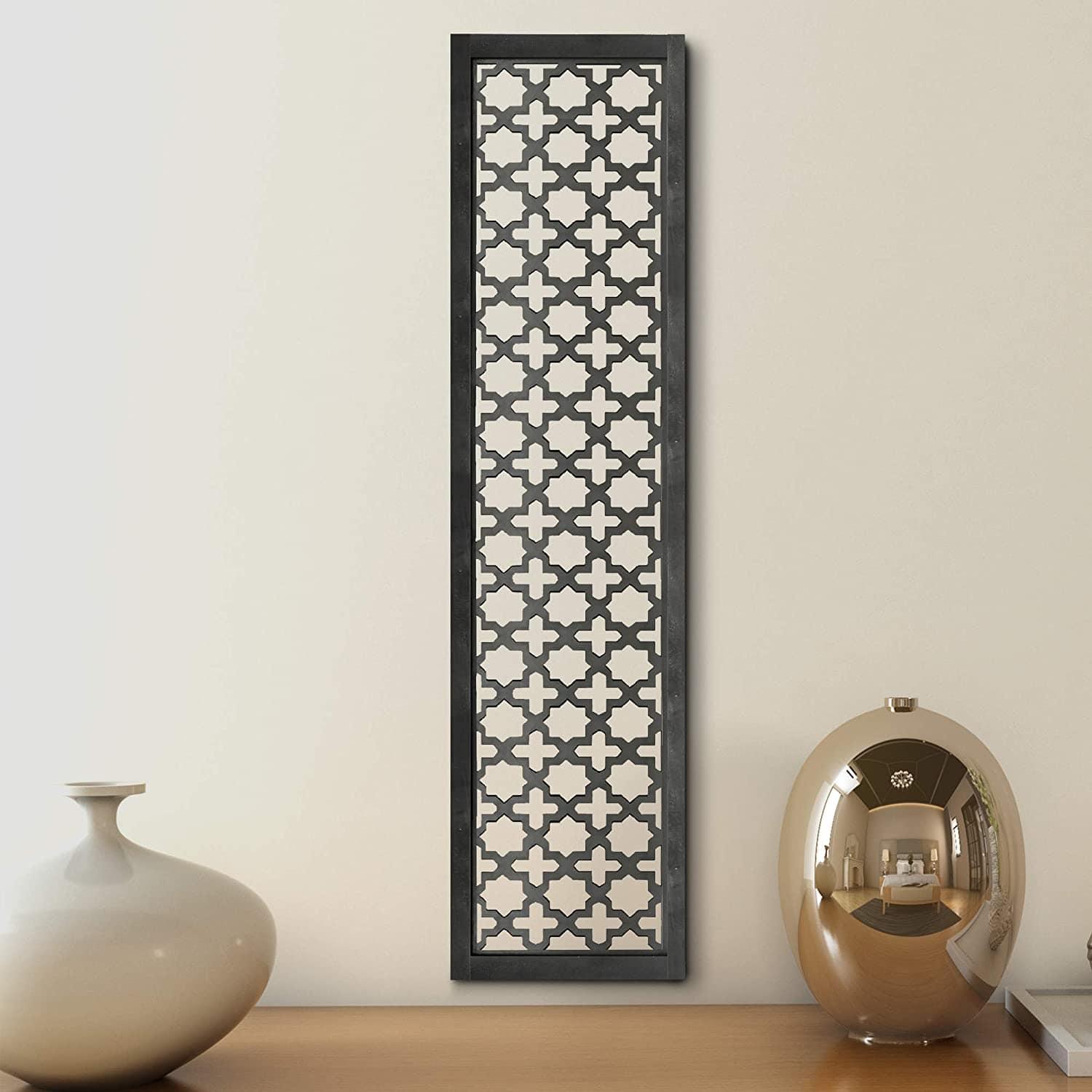 Rectangular Mango Wood Wall Panel with Cutout Lattice Pattern, Rectangle, Black - Ouch Cart 