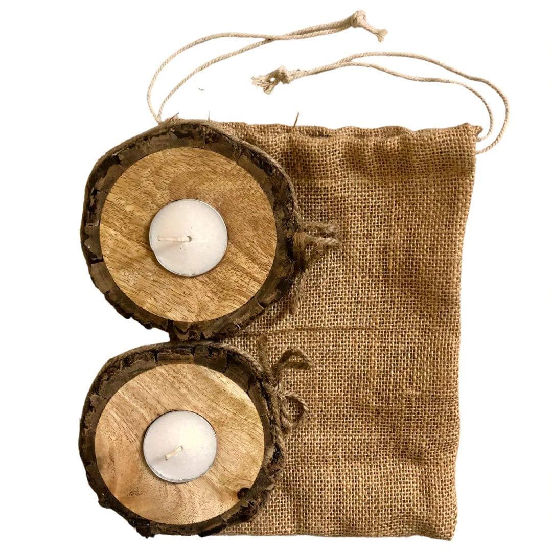 BARK STYLE CANDLE HOLDER WITH CANDLES II WOODEN CANDLE HOLDER ( SET OF 2 ) - Ouch Cart 