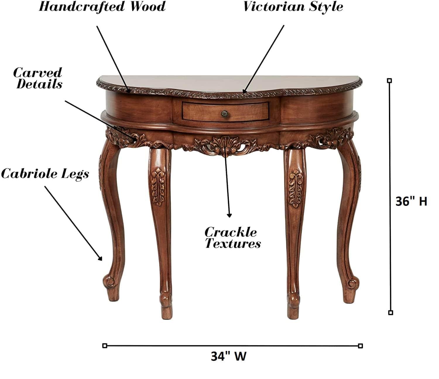Natural Cherry Classic Wooden Console Table -Victorian Style - Decorative Regal Furniture - Half Circle Moon Shape - Ouch Cart 