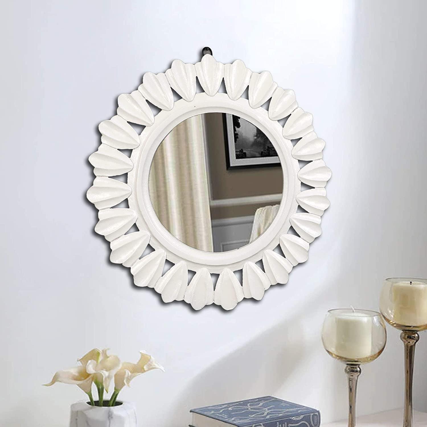 Decorative and Hand Crafted Wooden Wall Mirror in Duco White Finish - 20” x 20" - Ouch Cart 