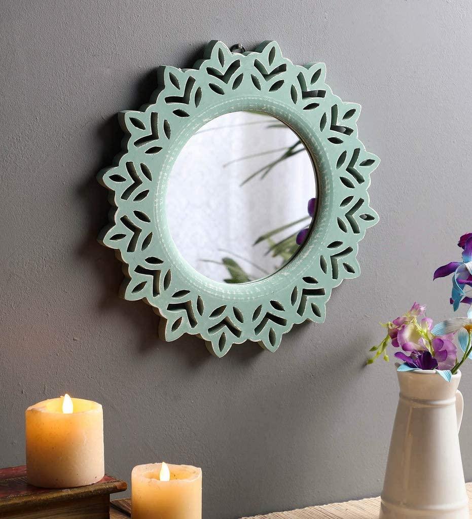 Handcrafted Wood Wall Mirror (35 cm x 2 cm x 35 cm, Green) - Ouch Cart 