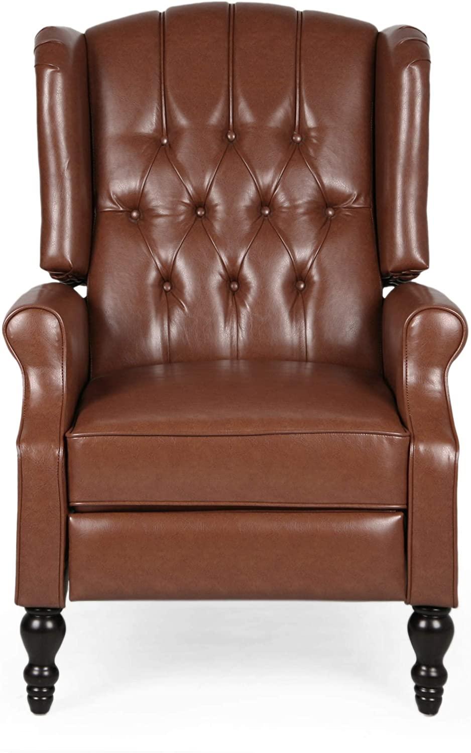 Contemporary Wide Tufted Recyliner Wooden Chair , Cognac Brown, Dark Brown - Ouch Cart 