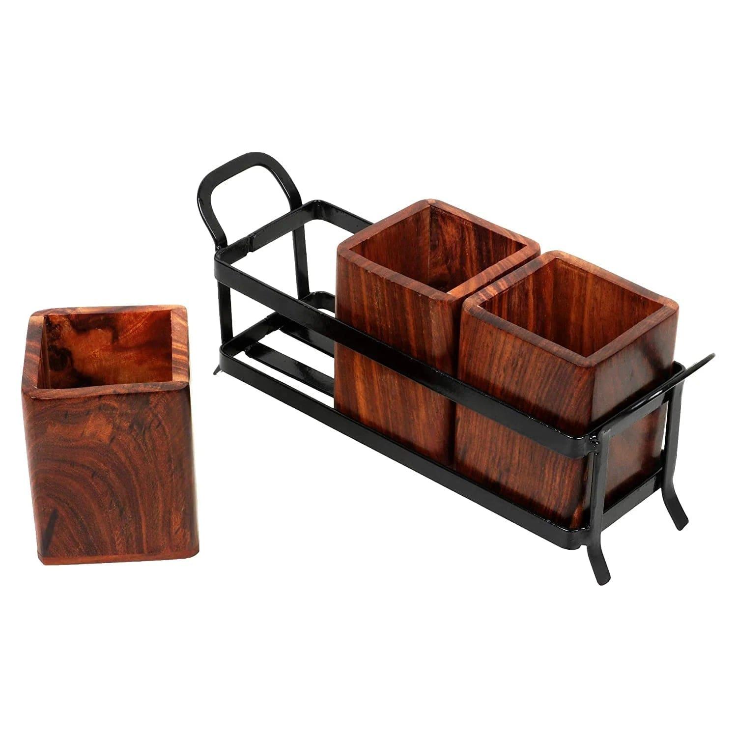 WOODEN & IRON CUTLERY HOLDER/TABLE ORGANIZER/MULTIPURPOSE STAND - Ouch Cart 
