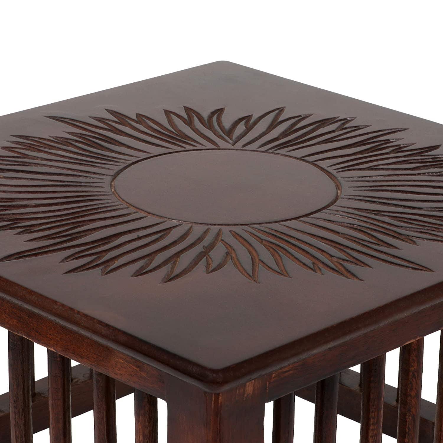 Mango Wood Walnut Finish Handmade Carving Classic Side Table for Living Room