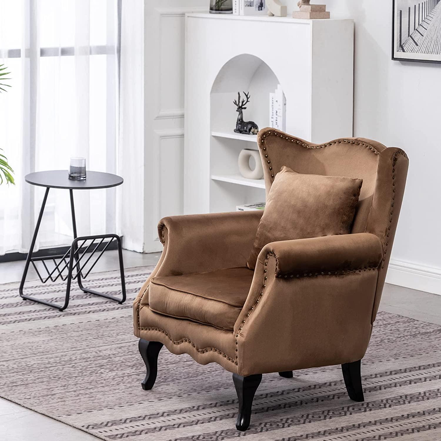 Modern Armchair with Pillow, Retro Button Tufted Upholstered Lounge Seat, Comfy Wooden Frame Reading Chair for Living Room, Bedroom, Brown - Ouch Cart 