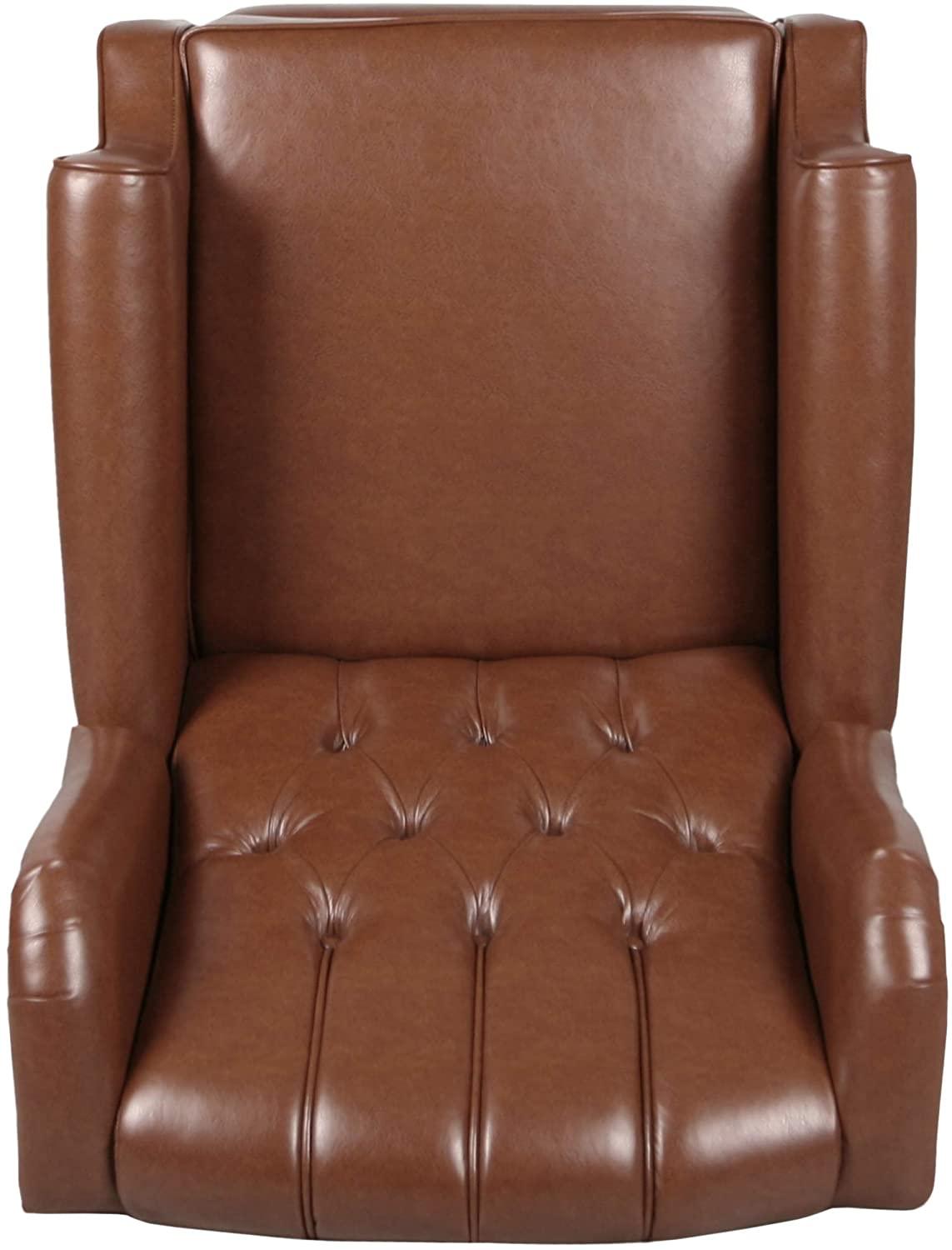 Contemporary Wide Tufted Recyliner Wooden Chair , Cognac Brown, Dark Brown - Ouch Cart 