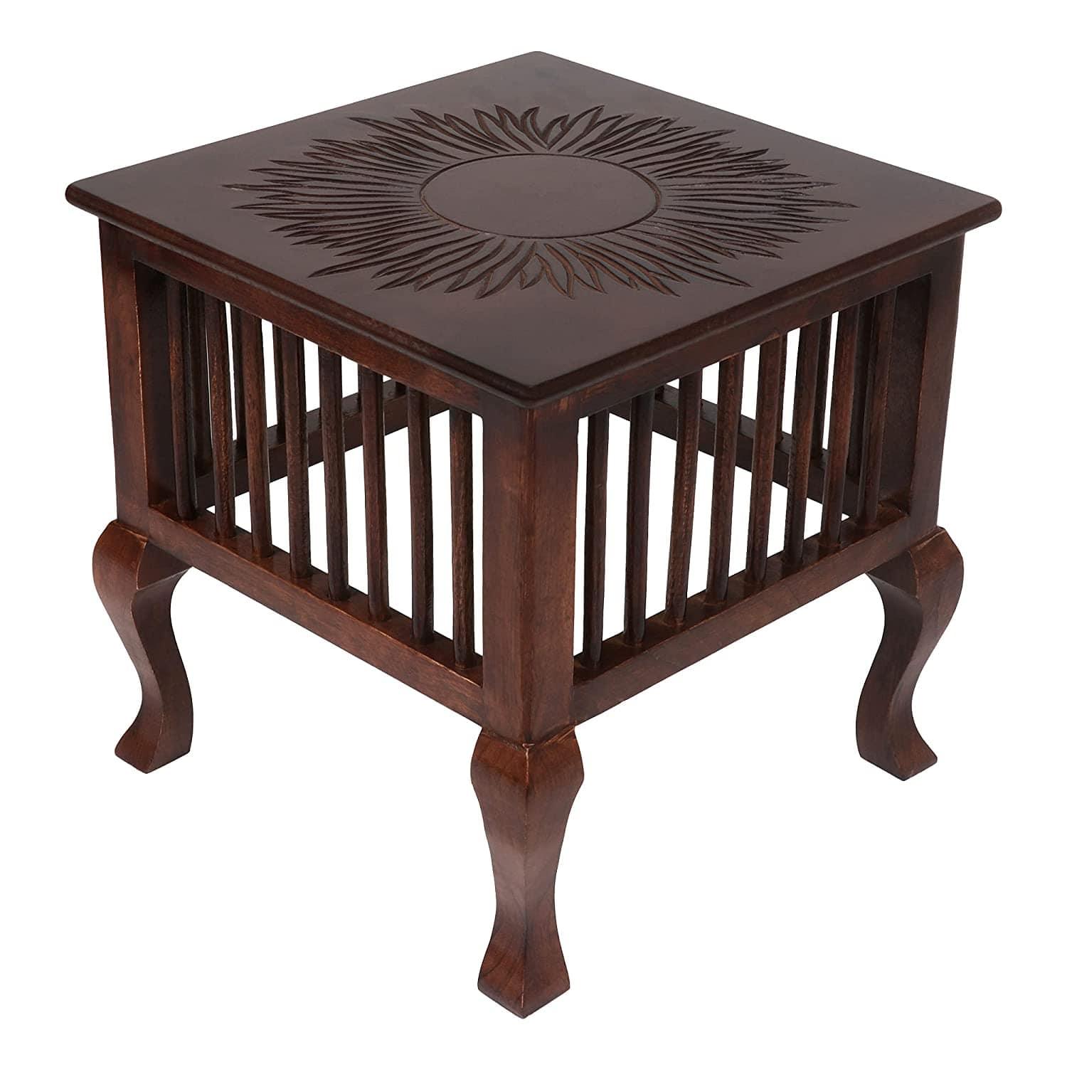 Mango Wood Walnut Finish Handmade Carving Classic Side Table for Living Room - Ouch Cart 