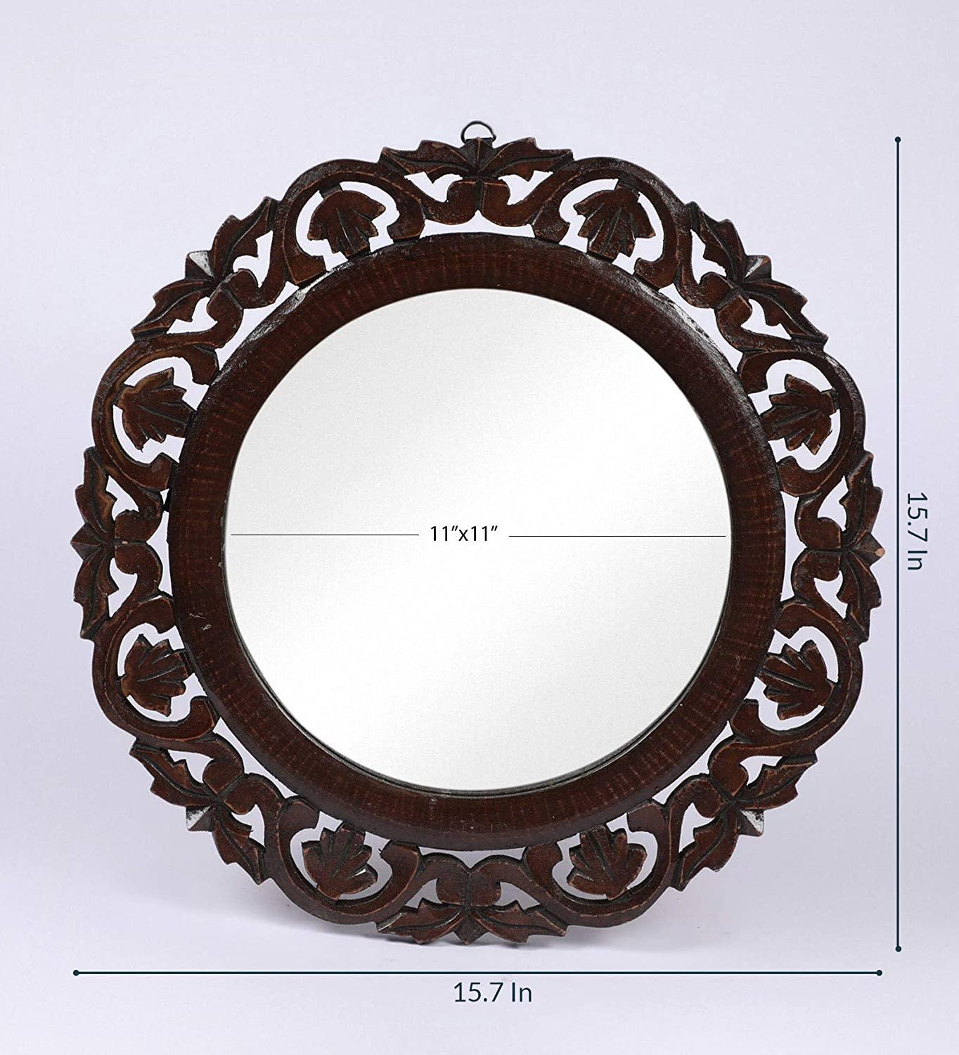 Hand Crafted Wooden Round Shape Vanity Wall Mount Mirror- Brown, 16 X 16 Inches, Framed