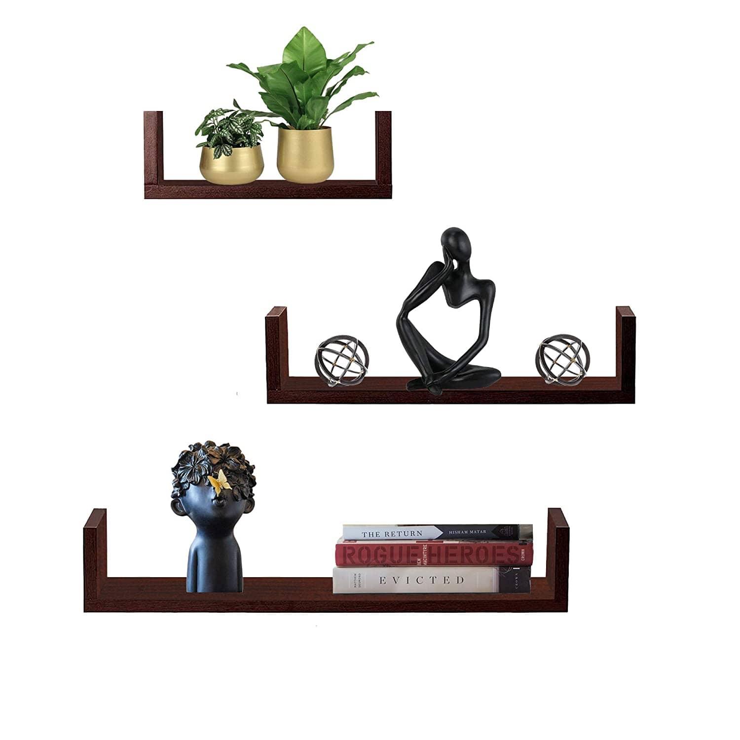 U Shaped Wall Shelf For Living Room Stylish | Wooden Floating Wall Shelves | Storage Racks Organizer and Book Shelves (Set of 3, Mahogany Finish) - Ouch Cart 
