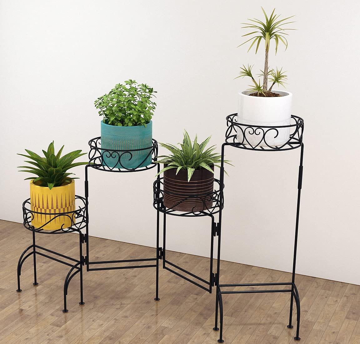 4 Tier Metal Plant Stand, Foldable Flower Pot Holder for Room, Rustproof Potted Storage Shelf Rack- Black (Upgrade Black) - Ouch Cart 