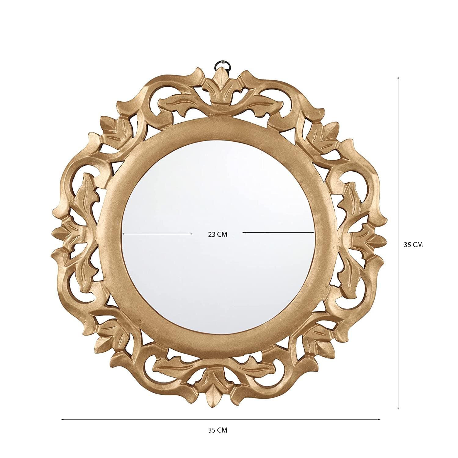 Decorative & Hand Crafted Wooden Mirror in Rich Gold Finish ( 14”x14 x1), Round, Wall mounting, Framed - Ouch Cart 