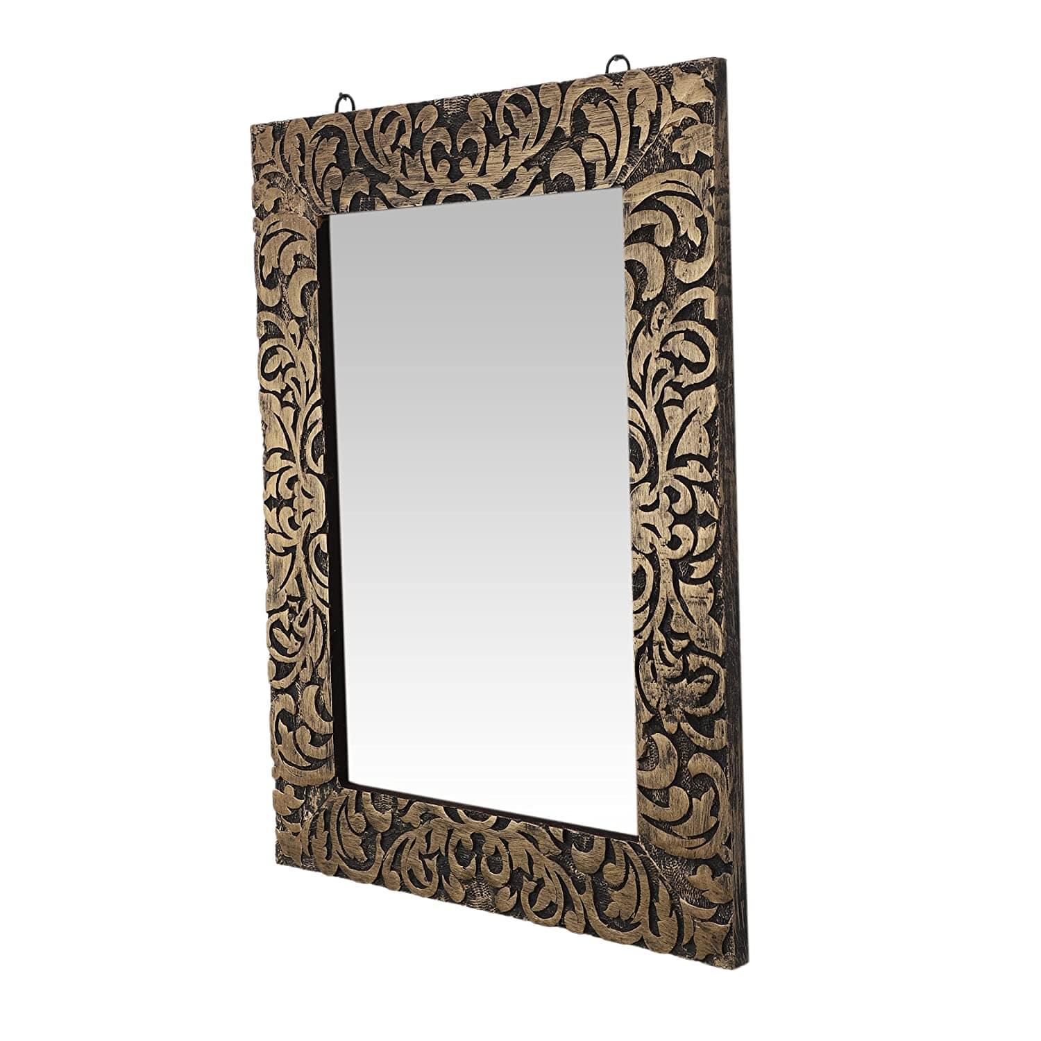 Wood Handcrafted Wall Mirror for Bedroom, Home Decor, Living Room, Bathroom, 59 X 43 2.5 Cm (Gold) - Ouch Cart 