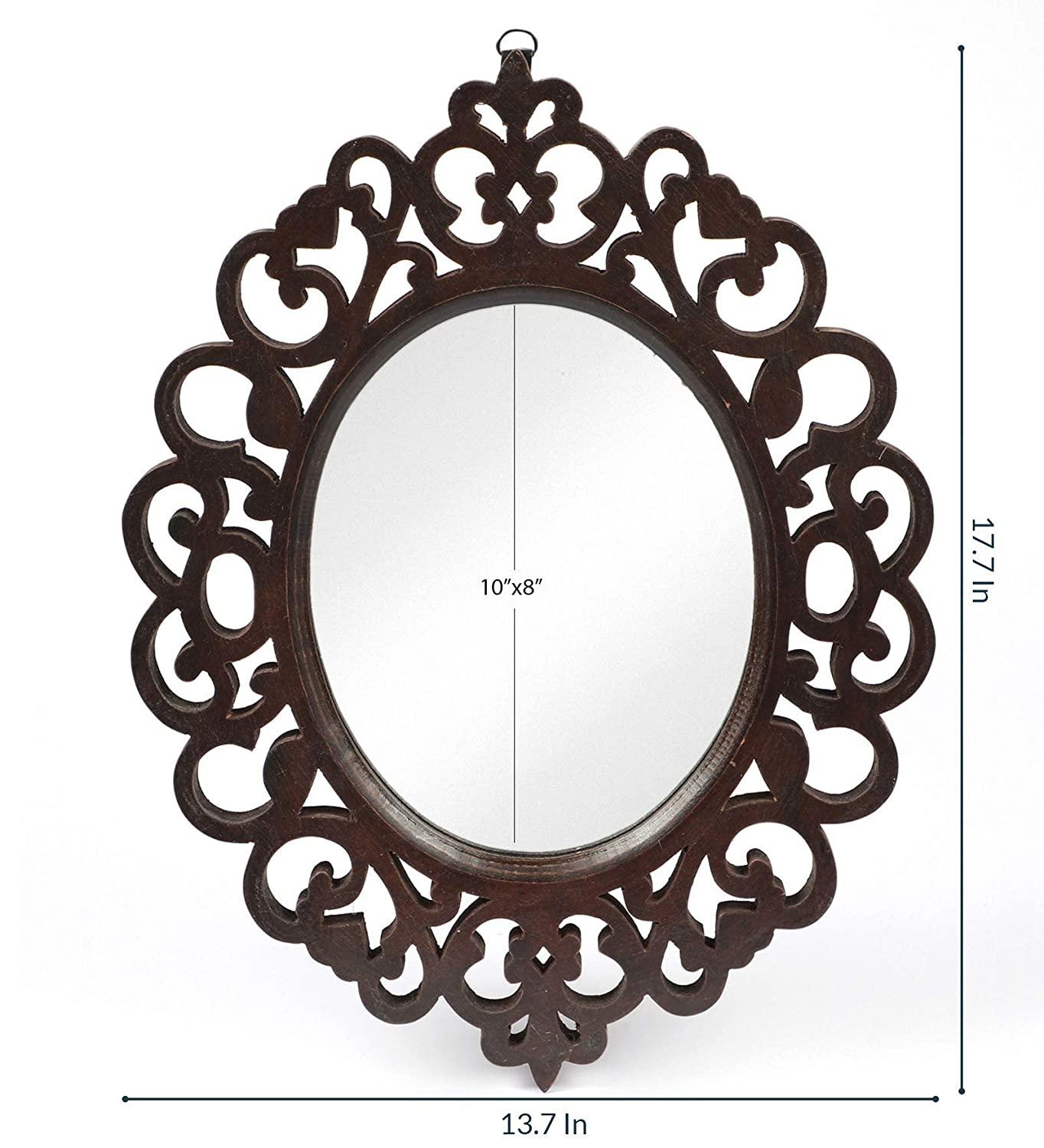 Engineered Wood Oval Decorative Wall Mount Mirror (18 x 14 inch, Brown), Model: TUS-MR-47, Framed