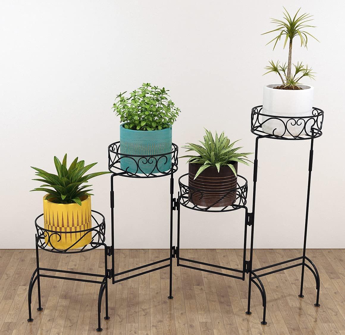 4 Tier Metal Plant Stand, Foldable Flower Pot Holder for Room, Rustproof Potted Storage Shelf Rack- Black (Upgrade Black) - Ouch Cart 