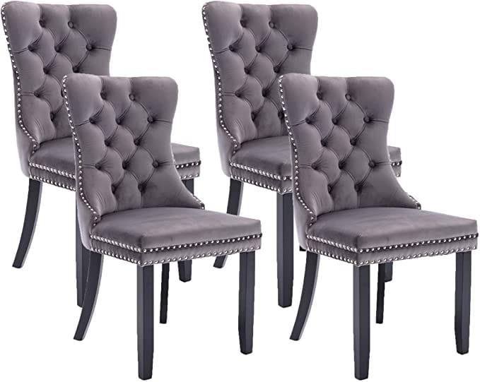 Velvet Upholstered Dining Chairs Set of 4, High-end Tufted Wingback Dining Side Chair with Nailhead Back Ring Pull Trim Solid Wood Legs, Contemporary Nikki Collection Modern Style for Kitchen - Ouch Cart 