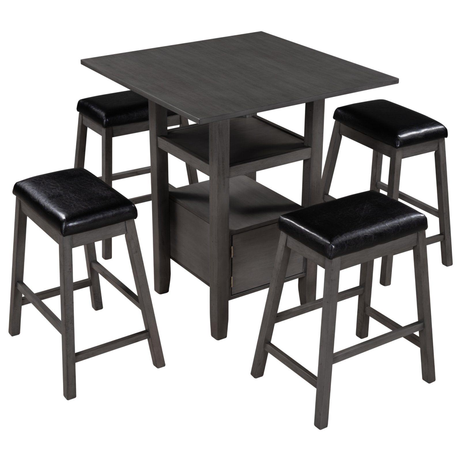 5 Pieces Counter Height Wood Kitchen Dining Table Set with 4 Upholstered Stools with Storage Cupboard and Shelf for Small Places, Gray - Ouch Cart 