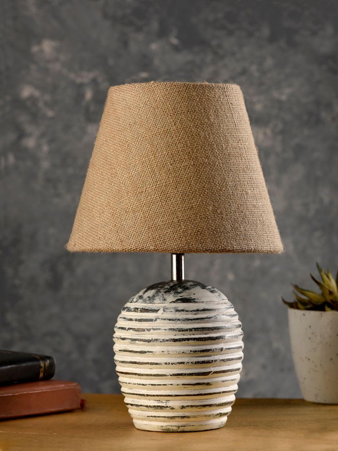 Striped Wooden White Lamp with Brown Jute Shade - Ouch Cart 
