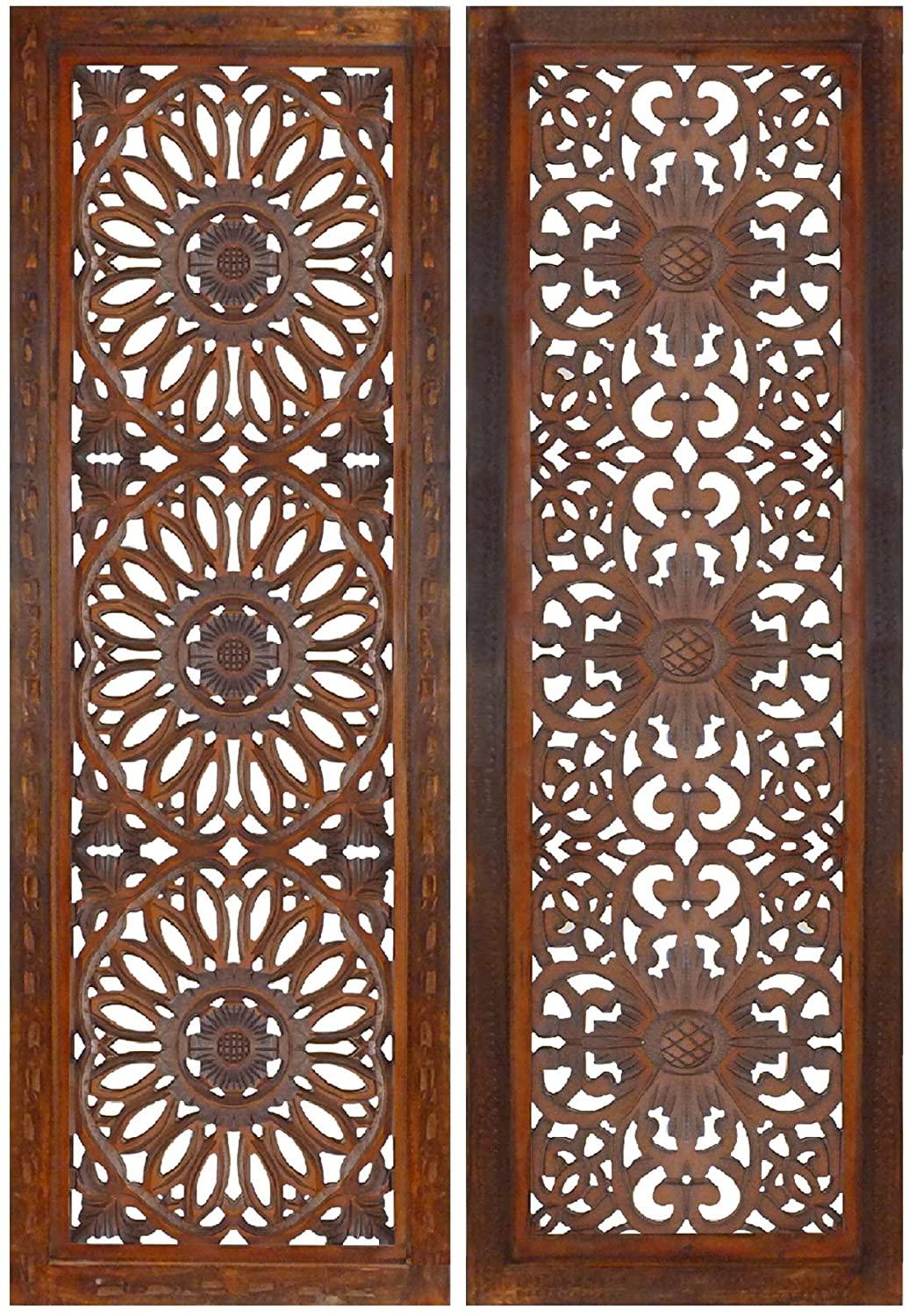 2 Piece Mango Wood Wall Panel Set with Mendallion Carving, Rectangle, Burnt Brown - Ouch Cart 