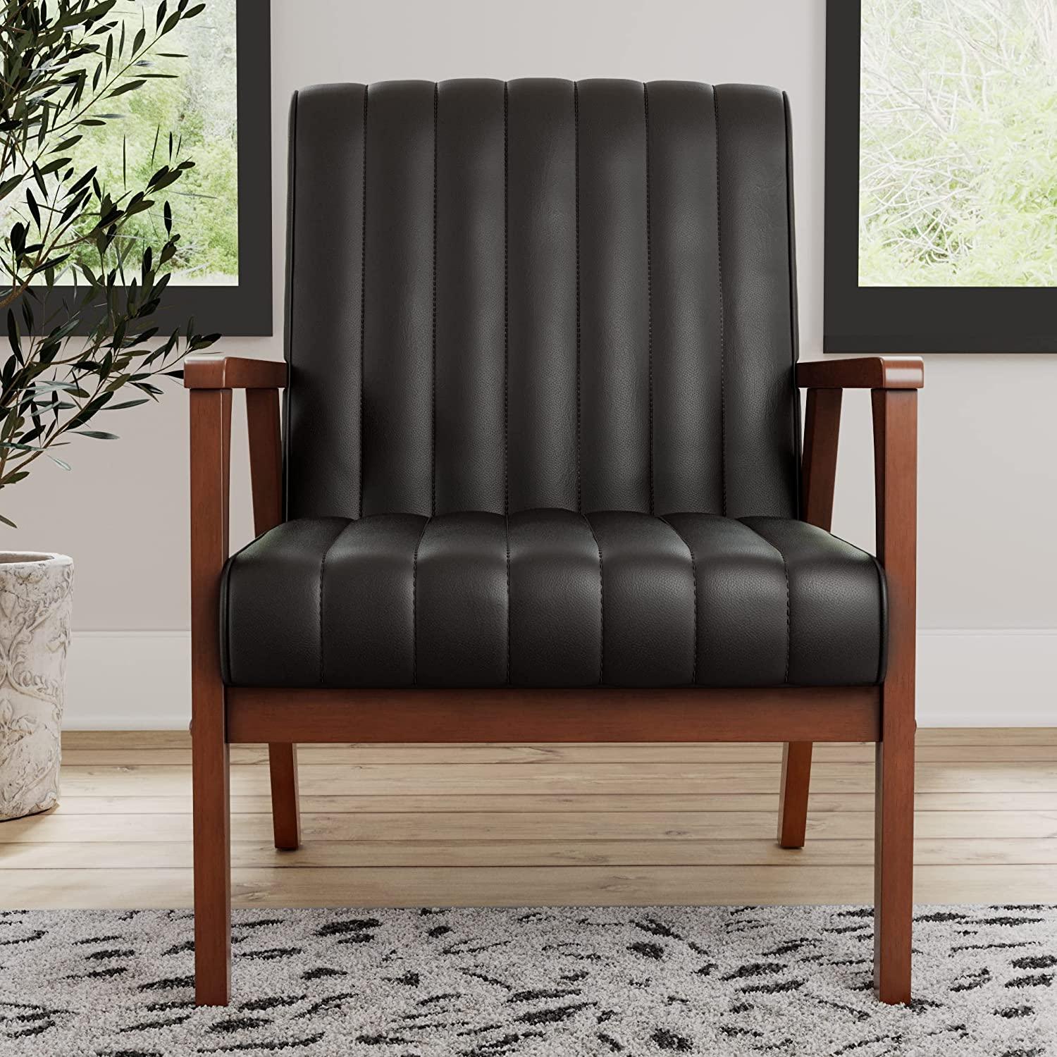 Wooden Arm Accent Chair for Living Room-Real Wood-Modern Channeled Tufting - Ouch Cart 