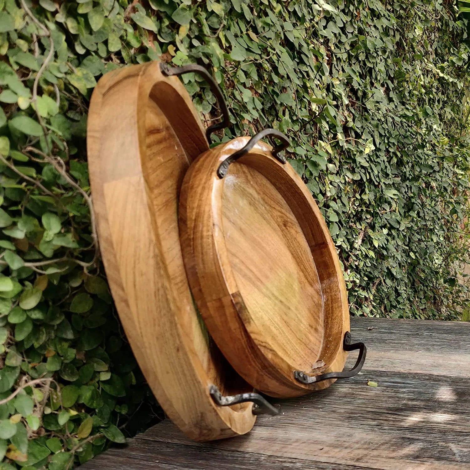MODERN SERVING TRAY SET OF 2 WITH IRON HANDLE || ACACIA WOOD || WATER PROOF - Ouch Cart 