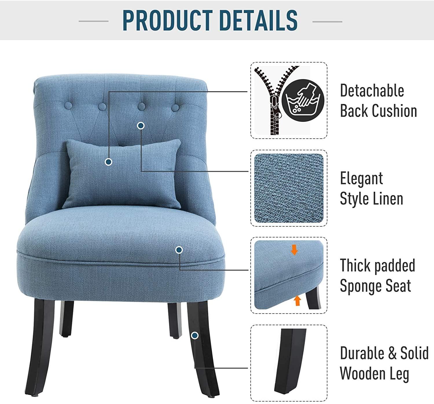 Fabric Single Sofa Dining Chair Tub Chair Upholstered W/Pillow Solid Wood Leg Home Living Room Furniture Blue - Ouch Cart 