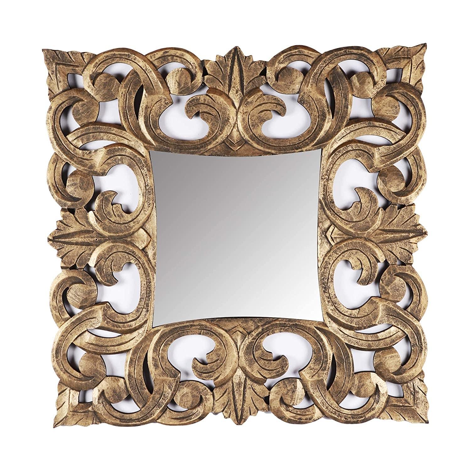 Handcrafted Wood Wall Mirror (61 cm x 61 cm x 2.5 cm, Gold) - Ouch Cart 