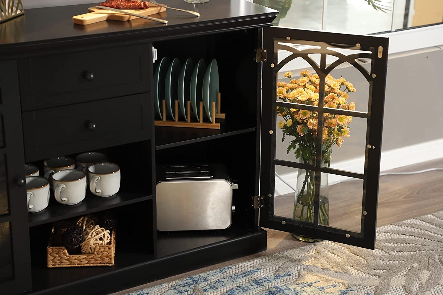 Sideboard Buffet Storage Cabinet with 2 Glass Doors & 2 Drawers Coffee Bar Modern Farmhouse Style Entryway Cabinet for Kitchen Dining Room Living Room, Black - Ouch Cart 