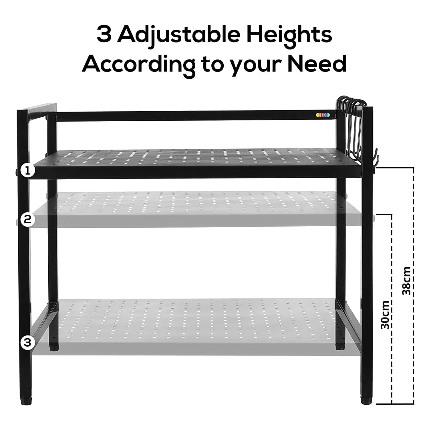 Metal Adjustable Countertop 2-Tier Microwave Oven Rack Organizer with Hooks