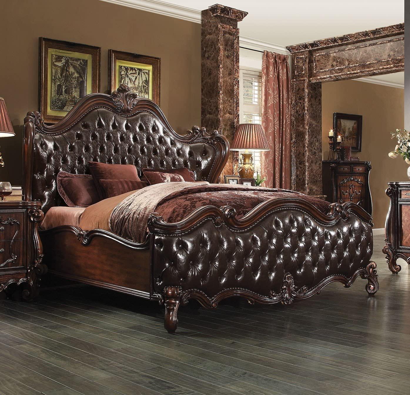 Versailles Eastern King Bed Tone Dark Brown PU & Cherry - Ouch Cart 