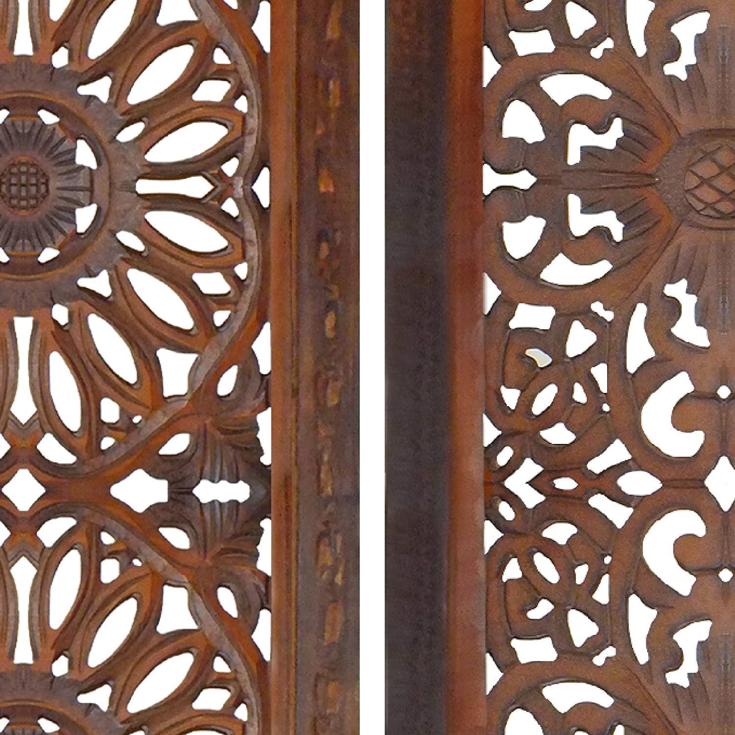 2 Piece Mango Wood Wall Panel Set with Mendallion Carving, Rectangle, Burnt Brown - Ouch Cart 