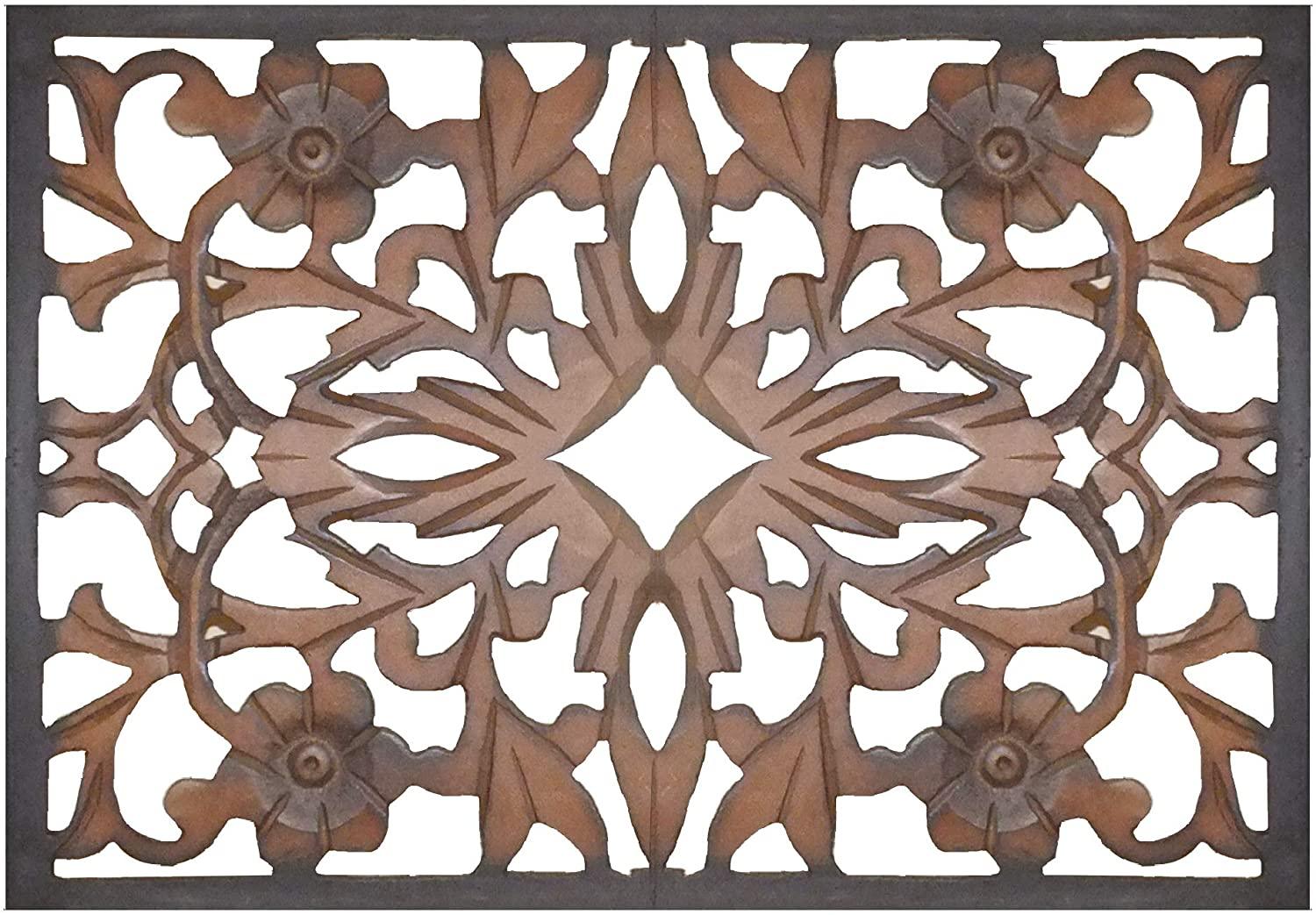 Rectangular Wall Panel with Intricate Floral Carvings, Rectangle, Black and Brown - Ouch Cart 