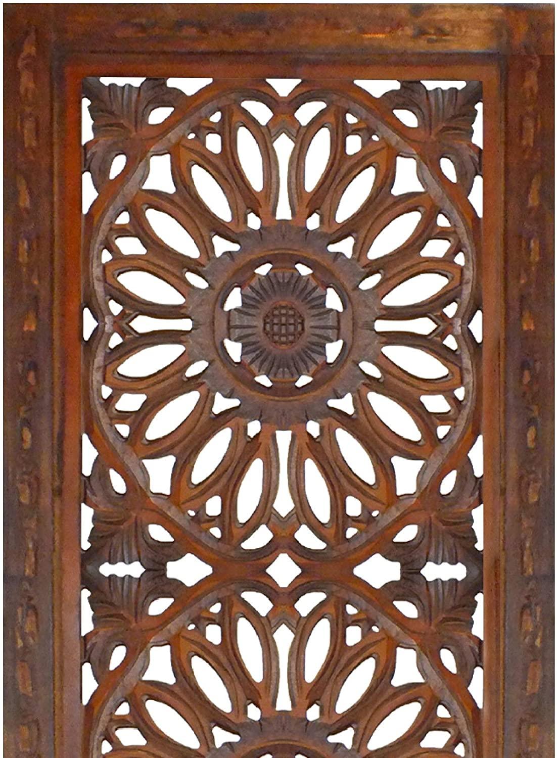 2 Piece Mango Wood Wall Panel Set with Mendallion Carving, Rectangle, Burnt Brown - Ouch Cart 