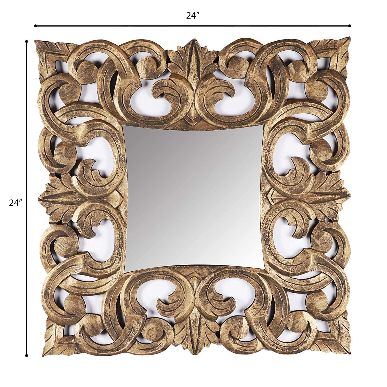 Handcrafted Wood Wall Mirror (61 cm x 61 cm x 2.5 cm, Gold) - Ouch Cart 