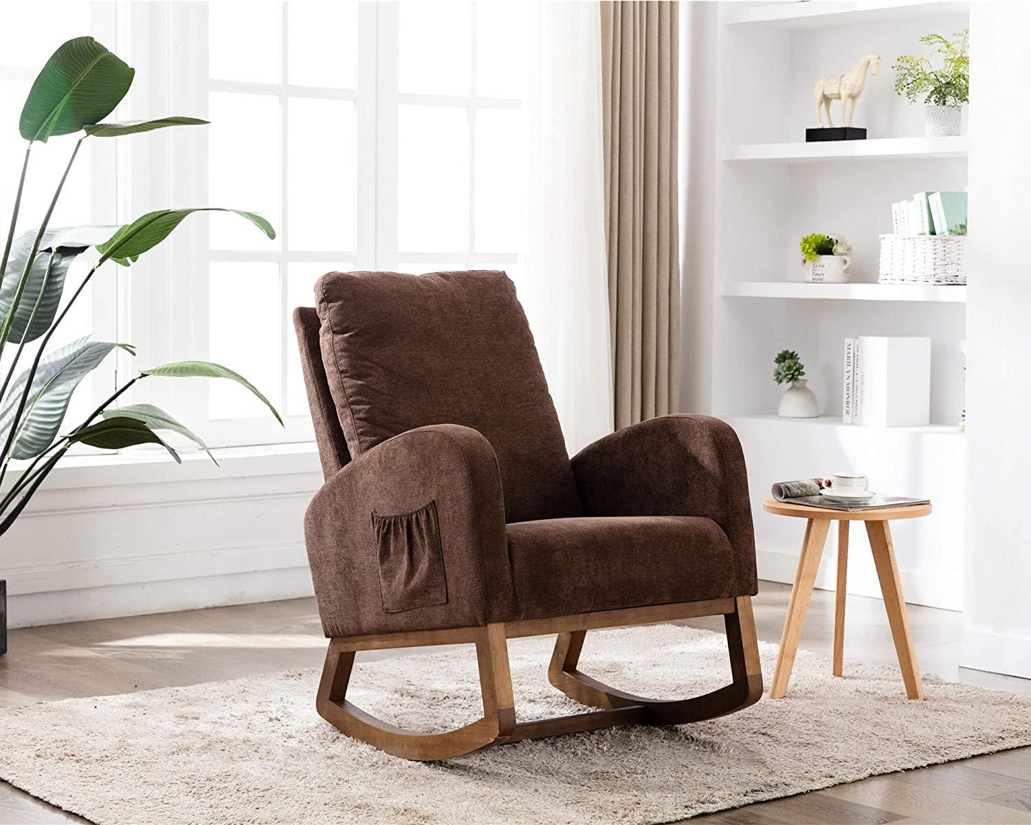 Rocking Chair Mid-Century Modern Nursery Rocking Armchair Upholstered Tall Back Accent Glider Rocker for Living Room - Ouch Cart 