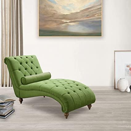 Upholstered Tufted Buttons Linen with Toss Pillow Chaise Lounge Chair Indoor for Bedrooom Living, Standard - Ouch Cart 