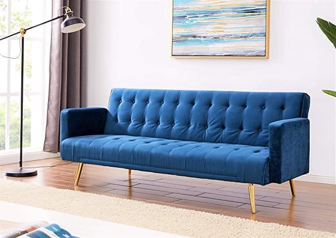 Velvet Three Seater Sofa Bed Golden Finish Legs