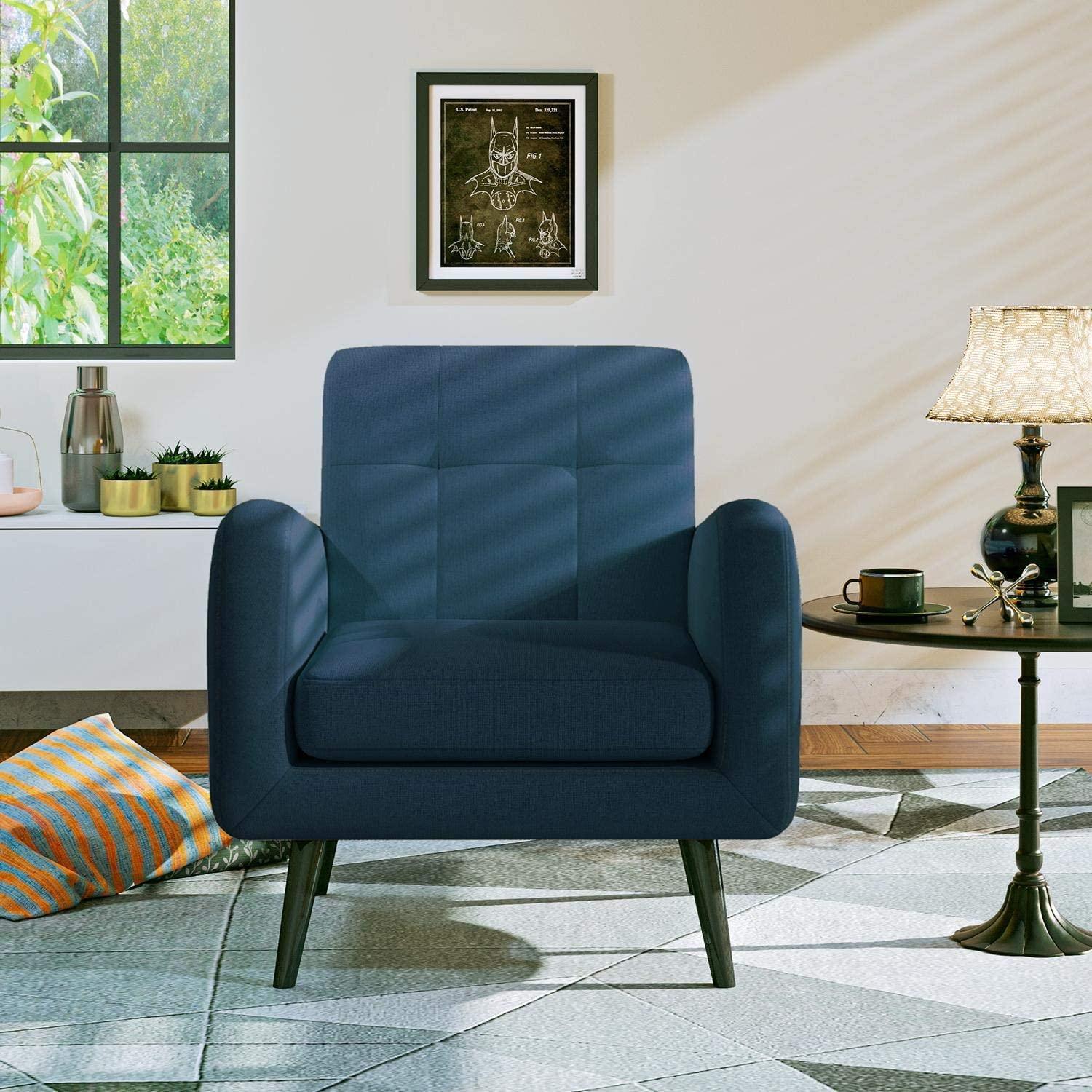 Modern Accent Chair Comfortable Fabric Armchair Bedroom Chair Living Room Chair with Arms & Black Wooden Tapered Leg Removable Seat Cushion - Ouch Cart 