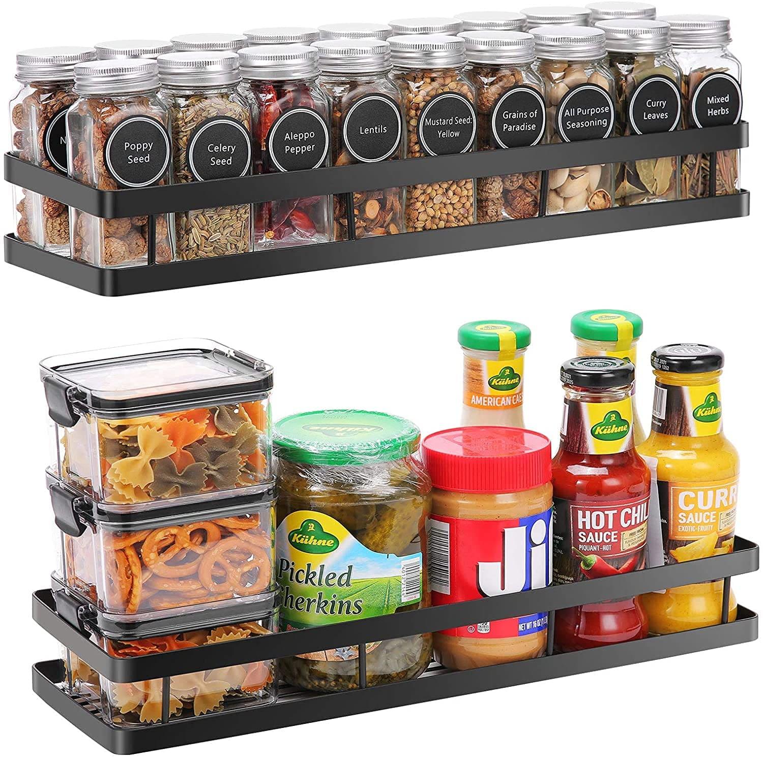 Spice Rack Organizer Wall Mounted 2 Pack, Floating Shelves Storage for Pantry Cabinet Door, Sturdy Hanging Organizer for Kitchen, Bathroom, Black - Ouch Cart 