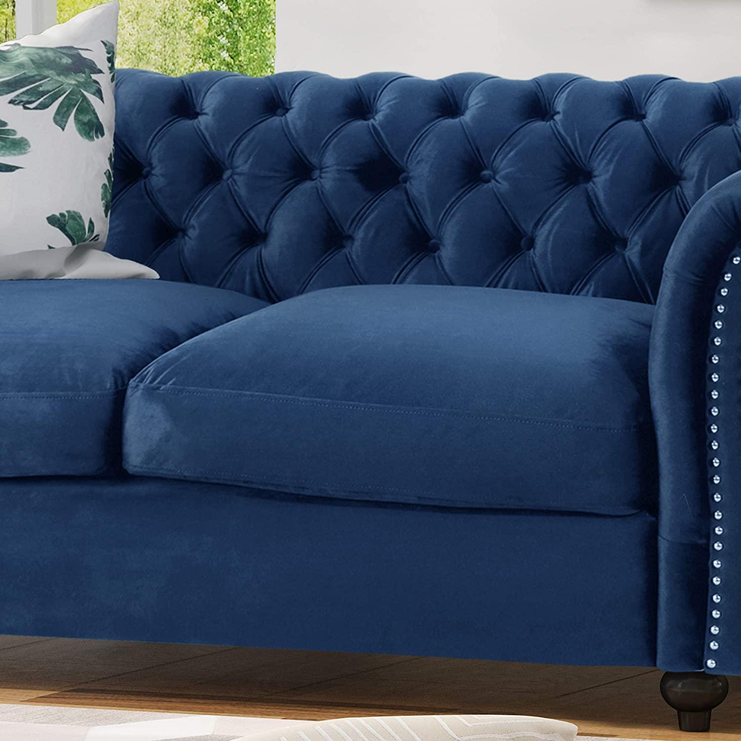 Karen Traditional Chesterfield Loveseat Sofa, Navy Blue and Dark Brown, 61.75 x 33.75 x 27.75