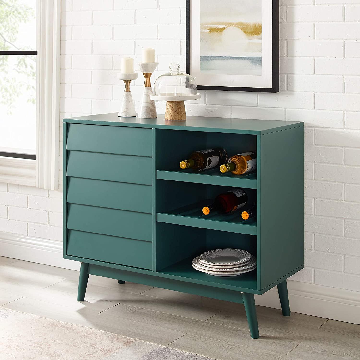 Mid-Century Modern Wood Kitchen Buffet Sideboard with Bottle Storage-Entryway Serving Wine Storage Doors-Dining Room Console Table - Ouch Cart 