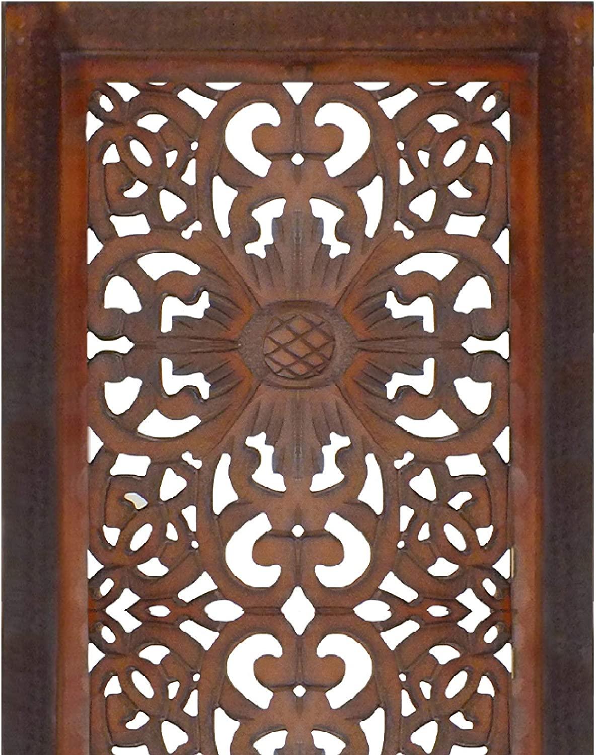 2 Piece Mango Wood Wall Panel Set with Mendallion Carving, Rectangle, Burnt Brown - Ouch Cart 