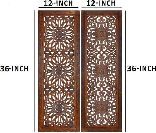 2 Piece Mango Wood Wall Panel Set with Mendallion Carving, Rectangle, Burnt Brown - Ouch Cart 