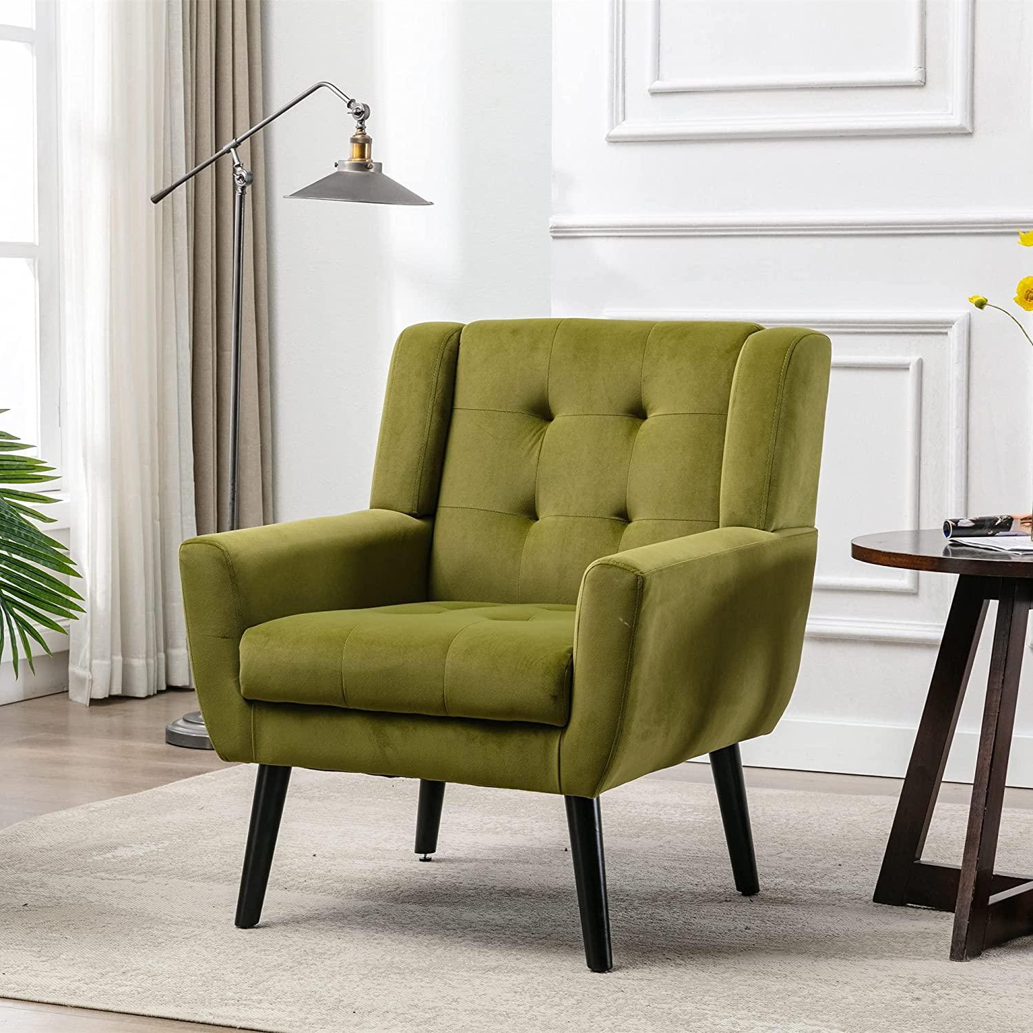 Modern Accent Chair with Arms, Upholstered Linen Fabric Reading Side Chair Tufted Back Decorative Wingback Chair for Living Room Bedroom - Ouch Cart 