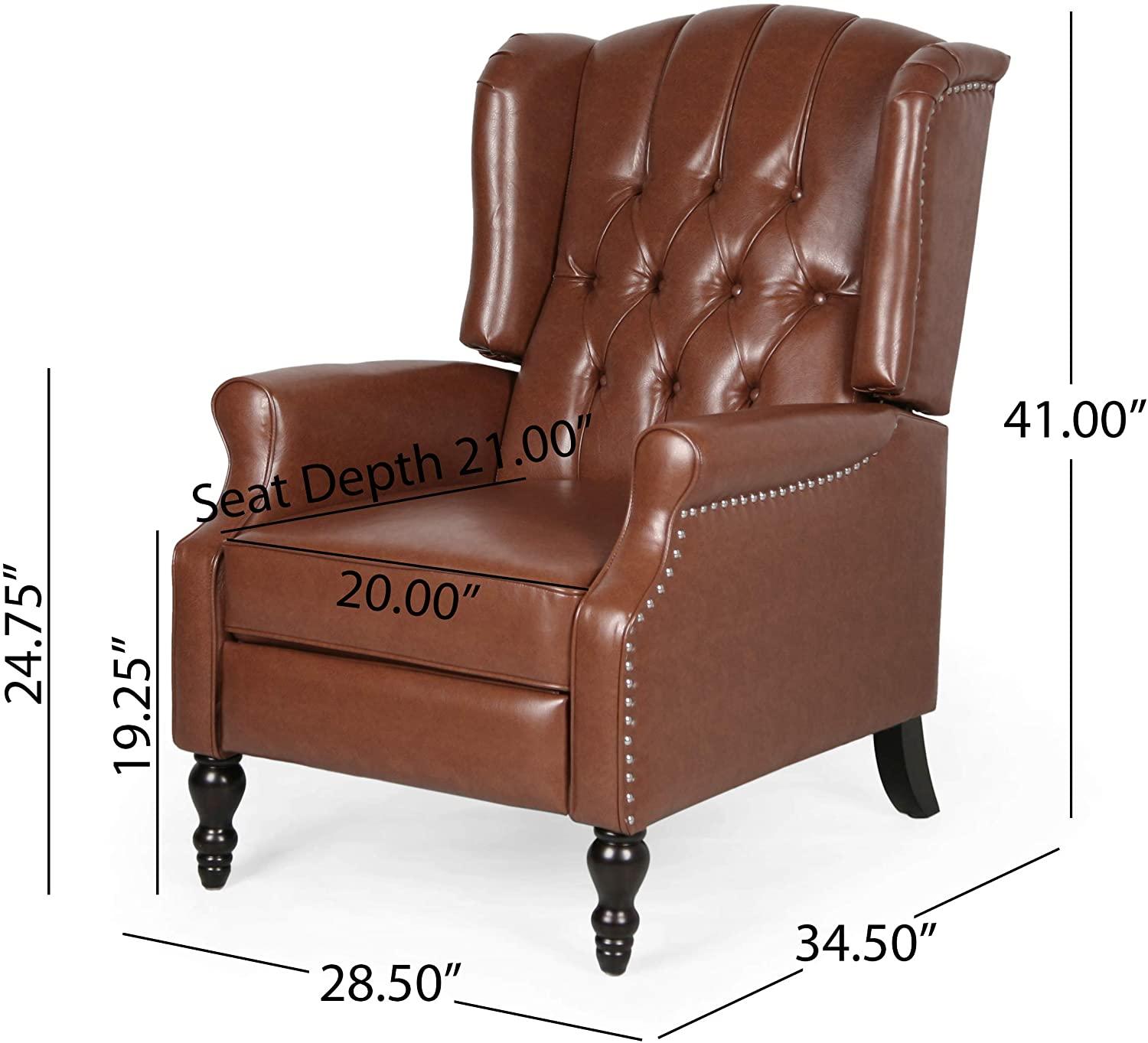 Contemporary Wide Tufted Recyliner Wooden Chair , Cognac Brown, Dark Brown - Ouch Cart 